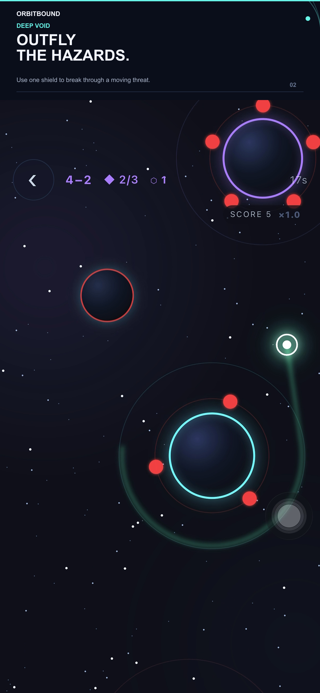Orbitbound shield and hazard gameplay screenshot