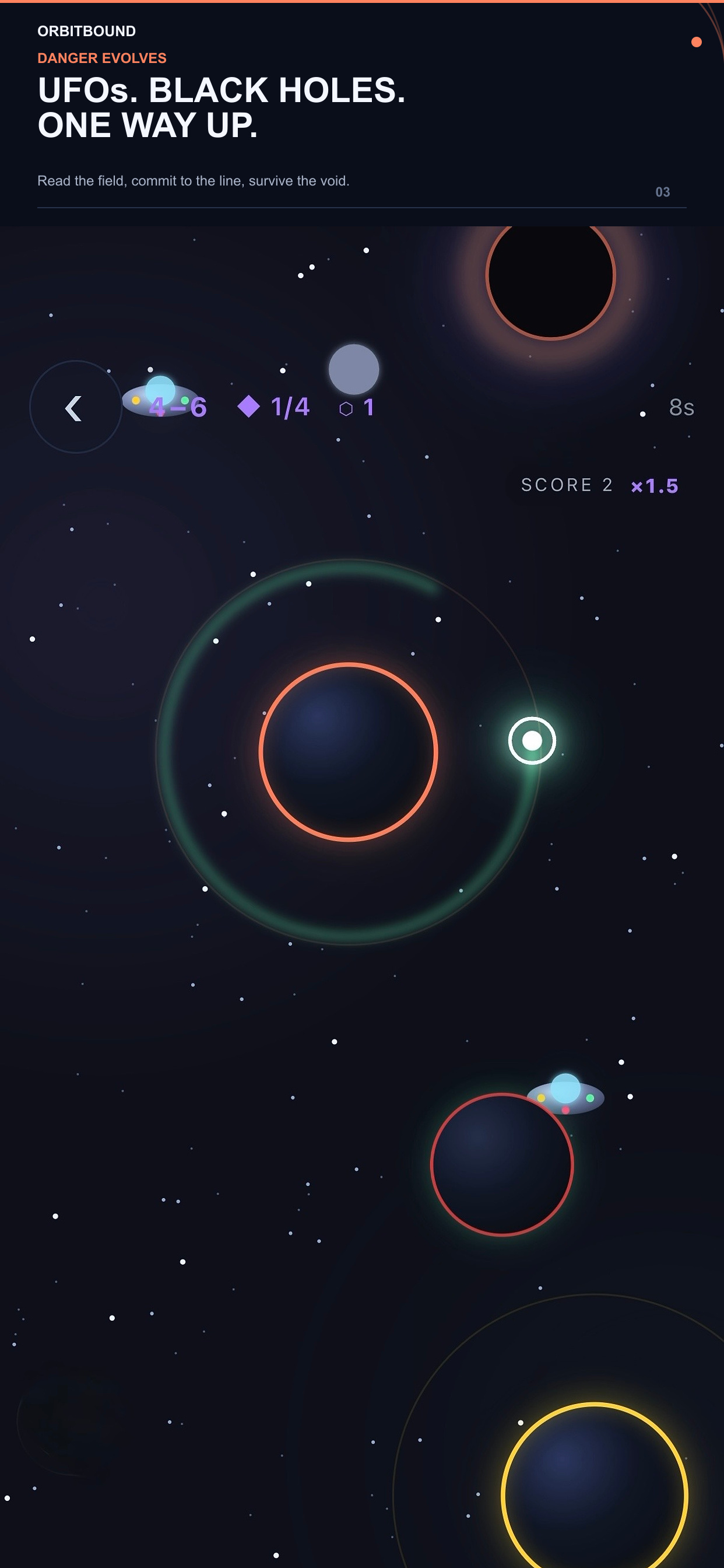 Orbitbound UFO and black hole gameplay screenshot
