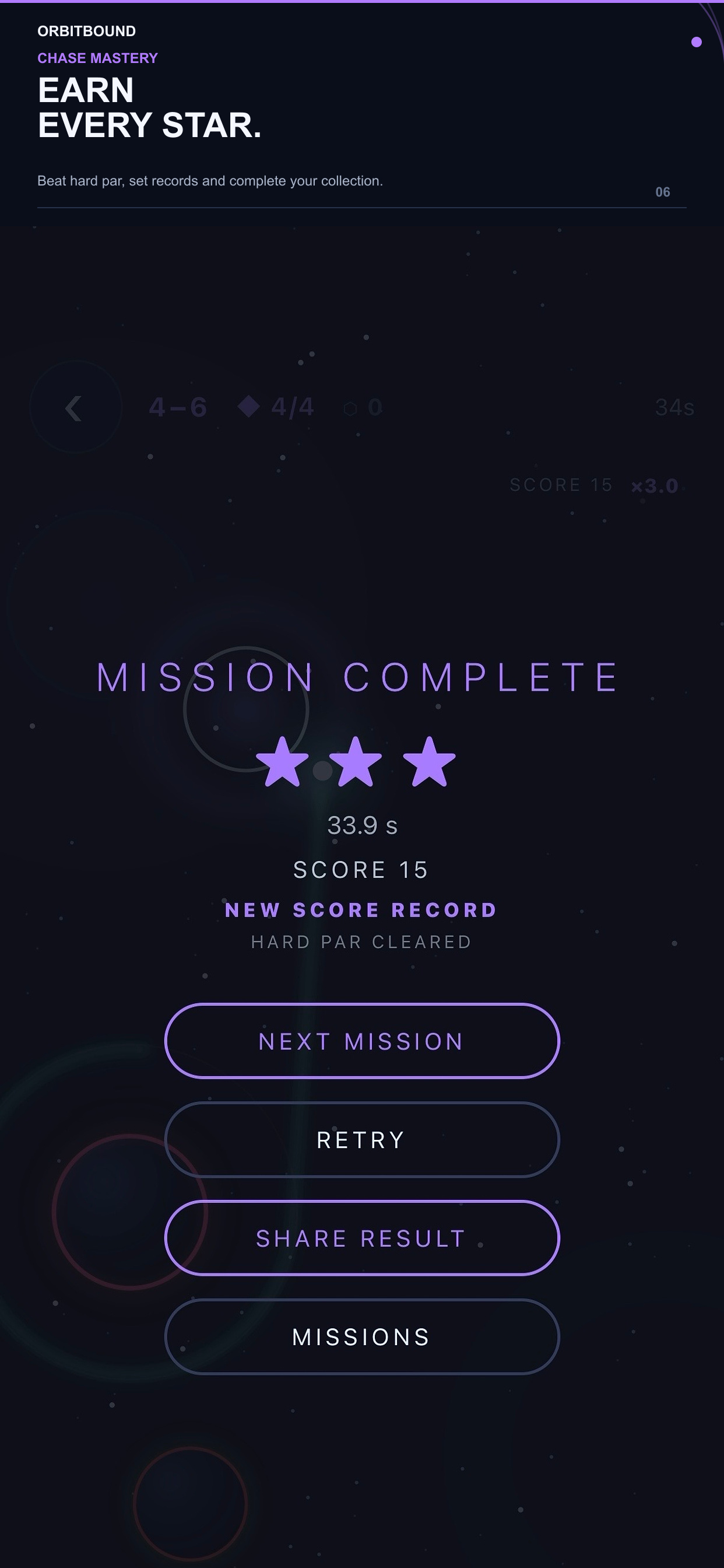 Orbitbound three-star mission result screenshot